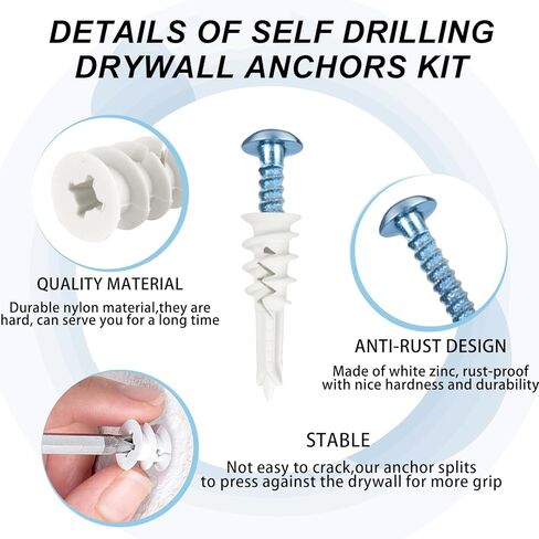 101PCS Self Drilling Drywall Anchors Kit with Screws, #8×1-3/5 Dry Wall Anchors and Self Drilling Screws with Bit for Gypsum Board, Sheetrock, No Pre Drill Required, Heavy Duty Holds 75LB. in Saudi Arabia