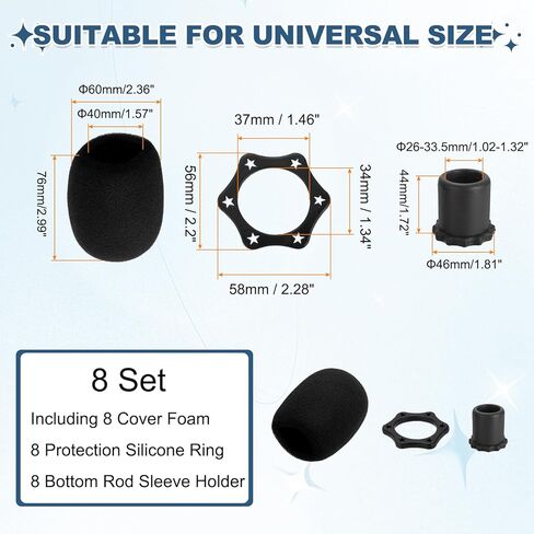 MECCANIXITY 8 Set Microphone Cover Foam Mic Cover, with 1.5" Mic Protection Silicone Ring and Anti Rolling Bottom Sleeve Holder for Karaoke DJ Concert Theater, Black in Saudi Arabia