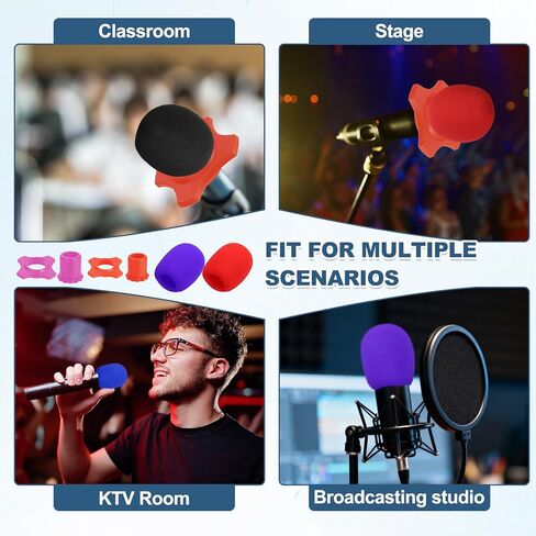 MECCANIXITY 8 Set Microphone Cover Foam Mic Cover, with 1.5" Mic Protection Silicone Ring and Anti Rolling Bottom Sleeve Holder for Karaoke DJ Concert Theater, Black in Saudi Arabia