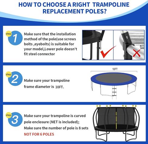 8 قطع بديلة لأعمدة الترامبولين المنحنية بطول 10 أقدام مع شبكة حاوية، عمود منحنى الترامبولين، موصل بلاستيكي على شكل حرف T، قضبان من الألياف الزجاجية، أجهزة التركيب، حشوة إسفنجية in Kuwait