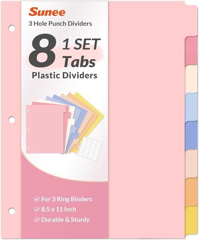 SUNEE 8 Tab Binder Dividers,Plastic Dividers for 3 Ring Binder,3 Ring Binder Dividers with Tabs for School Office Home Supplies,Pastel Color, 1 Set in Kuwait