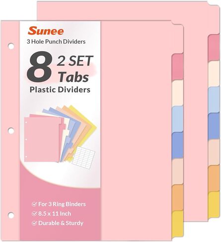 SUNEE 8 TAB BINDER DISIDERS ، فواصل بلاستيكية لثلاثة رنين ، 3 مقاطعات رنين مع علامات تبويب لوازم المنازل المكتبية المدرسية ، لون الباستيل ، مجموعة واحدة in Kuwait