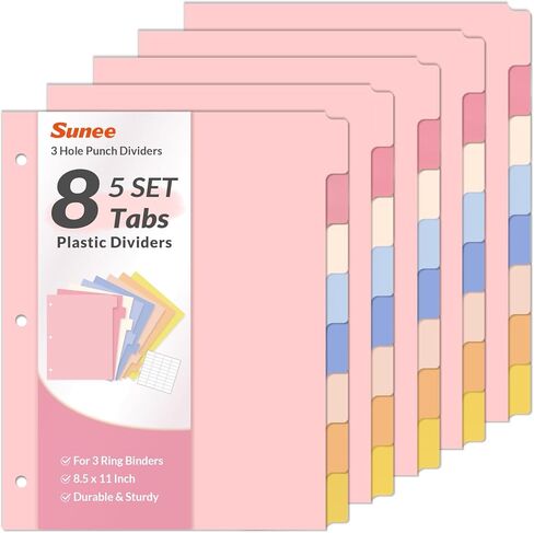 SUNEE 8 TAB BINDER DISIDERS ، فواصل بلاستيكية لثلاثة رنين ، 3 مقاطعات رنين مع علامات تبويب لوازم المنازل المكتبية المدرسية ، لون الباستيل ، مجموعة واحدة in Kuwait