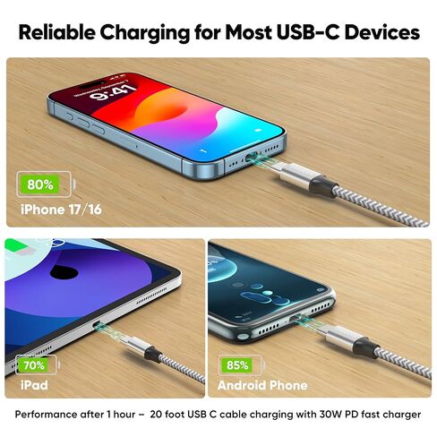 20 قدمًا من كابل USB C ، طويل 2.4A شحن سريع إضافي USBC إلى USB-C الحبل in Saudi Arabia