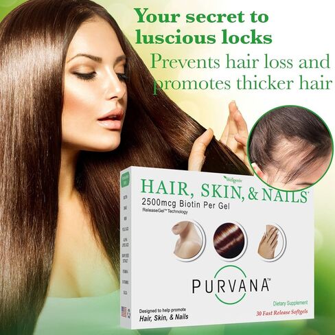 مكمل Wellgenix Purvana للشعر والبشرة والأظافر - 2500 ميكروجرام من البيوتين مع مركب MSM وB - دعم الجمال اليومي لأظافر أقوى وحيوية الشعر - 30 كبسولة هلامية in Kuwait