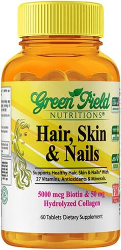 Greenfield Nutritions Halal Biotin Tablet for Adult - 60 Halal Multivitamin for Hair Skin and Nails - High potency 5000mcg Biotin with 50mg Collagen and Minerals - Gelatin Gluten Free, Non-GMO Vitamin in Kuwait