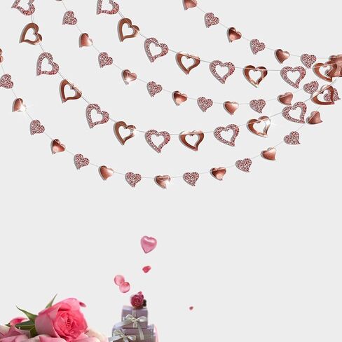 Cheerland Glitter Rose Gold Heart Garland Shiny Valentines Day Decoration Mother's Day Banner Backdrop Hanging Decor for Engagement Bachelorette Wedding Bridal Shower Streamer Anniversary Party Suppy in Saudi Arabia