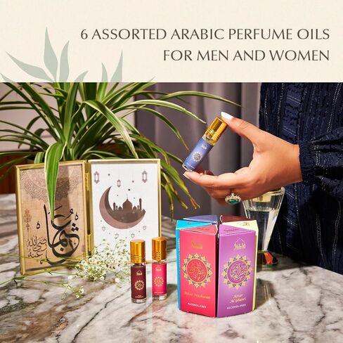 Dukhni Yemeni Attar Oil Set Arabian Perfume Oils, 6 Assorted scents x 6ml, Mini roll ons, Arabic Oud Fragrance Oil, Authentic, Alcohol Free, Vegan, Collection Set for Gifting in Saudi Arabia