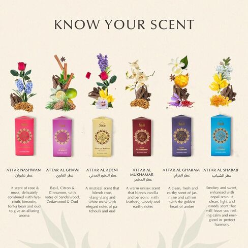 Dukhni Yemeni Attar Oil Set Arabian Perfume Oils, 6 Assorted scents x 6ml, Mini roll ons, Arabic Oud Fragrance Oil, Authentic, Alcohol Free, Vegan, Collection Set for Gifting in Saudi Arabia