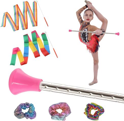 عصا التدوير، عصا التدوير 21.6 بوصة من الفولاذ المقاوم للصدأ 2 شريط الجمباز الإيقاعي 3 أربطة شعر قوس قزح مناسبة للمبتدئين باللون الوردي (21.6 بوصة) in Kuwait