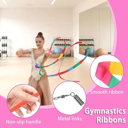 عصا التدوير، عصا التدوير 21.6 بوصة من الفولاذ المقاوم للصدأ 2 شريط الجمباز الإيقاعي 3 أربطة شعر قوس قزح مناسبة للمبتدئين باللون الوردي (21.6 بوصة) in Kuwait