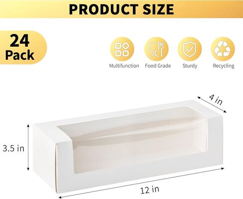 Ocmoiy 24 Pack 12"x 4" x 3.5" Roll Cake Boxes, White Bakery Boxes with Windows, Auto-Popup Pastry Boxes for Pumpkin Rolls, Cupcakes, Donuts, Cookies, Chocolate Covered Strawberries in Kuwait