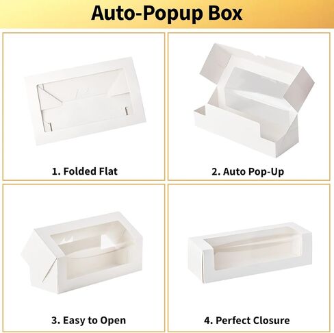 Ocmoiy 24 Pack 12"x 4" x 3.5" Roll Cake Boxes, White Bakery Boxes with Windows, Auto-Popup Pastry Boxes for Pumpkin Rolls, Cupcakes, Donuts, Cookies, Chocolate Covered Strawberries in Kuwait
