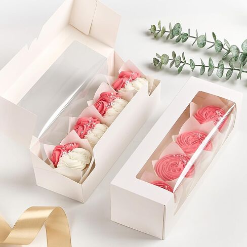 Ocmoiy 24 Pack 12"x 4" x 3.5" Roll Cake Boxes, White Bakery Boxes with Windows, Auto-Popup Pastry Boxes for Pumpkin Rolls, Cupcakes, Donuts, Cookies, Chocolate Covered Strawberries in Kuwait