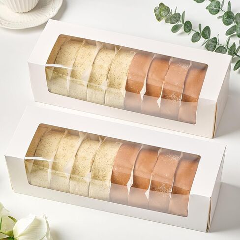 Ocmoiy 24 Pack 12"x 4" x 3.5" Roll Cake Boxes, White Bakery Boxes with Windows, Auto-Popup Pastry Boxes for Pumpkin Rolls, Cupcakes, Donuts, Cookies, Chocolate Covered Strawberries in Kuwait