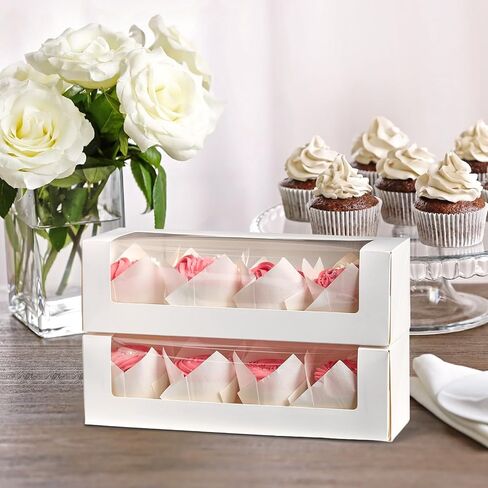 Ocmoiy 24 Pack 12"x 4" x 3.5" Roll Cake Boxes, White Bakery Boxes with Windows, Auto-Popup Pastry Boxes for Pumpkin Rolls, Cupcakes, Donuts, Cookies, Chocolate Covered Strawberries in Kuwait