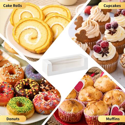 Ocmoiy 24 Pack 12"x 4" x 3.5" Roll Cake Boxes, White Bakery Boxes with Windows, Auto-Popup Pastry Boxes for Pumpkin Rolls, Cupcakes, Donuts, Cookies, Chocolate Covered Strawberries in Kuwait