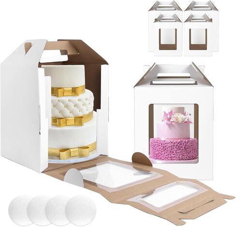 4 Pack Tall Cake Boxes 12x12x14 & 10x10x12 Inches with Cake Board - Large Disposable Layer Baking Carrier Tier Bakery Take Out Transport Containers With Window for Wedding, Birthday, Party White in Saudi Arabia