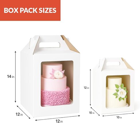 4 Pack Tall Cake Boxes 12x12x14 & 10x10x12 Inches with Cake Board - Large Disposable Layer Baking Carrier Tier Bakery Take Out Transport Containers With Window for Wedding, Birthday, Party White in Saudi Arabia