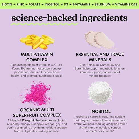 علكات متعددة الفيتامينات للنساء من Lemme، دعم غذائي يومي مع فيتامينات A، C، D، E، البيوتين، حمض الفوليك، الزنك والإينوزيتول، صحة العظام والدماغ والبشرة والمناعة، برتقال التوت، كمية تكفي 30 يومًا in Kuwait