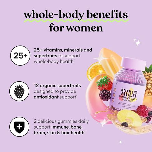 علكات متعددة الفيتامينات للنساء من Lemme، دعم غذائي يومي مع فيتامينات A، C، D، E، البيوتين، حمض الفوليك، الزنك والإينوزيتول، صحة العظام والدماغ والبشرة والمناعة، برتقال التوت، كمية تكفي 30 يومًا in Kuwait