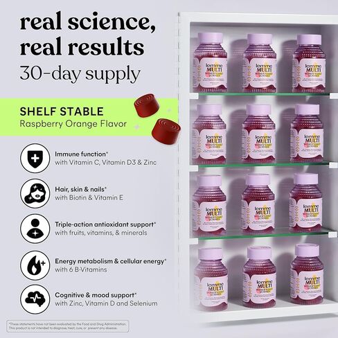 علكات متعددة الفيتامينات للنساء من Lemme، دعم غذائي يومي مع فيتامينات A، C، D، E، البيوتين، حمض الفوليك، الزنك والإينوزيتول، صحة العظام والدماغ والبشرة والمناعة، برتقال التوت، كمية تكفي 30 يومًا in Kuwait