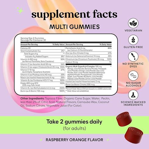 علكات متعددة الفيتامينات للنساء من Lemme، دعم غذائي يومي مع فيتامينات A، C، D، E، البيوتين، حمض الفوليك، الزنك والإينوزيتول، صحة العظام والدماغ والبشرة والمناعة، برتقال التوت، كمية تكفي 30 يومًا in Kuwait