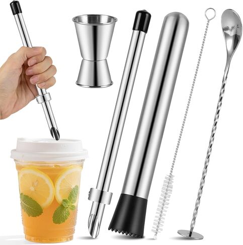 ZPUFAW 5Pcs Set Straw Puncher for Lemonade Plastic Lids Cups with Muddler, Bar Spoon, Jigger, 304 Stainless Steel Straw Hole Puncher in Kuwait