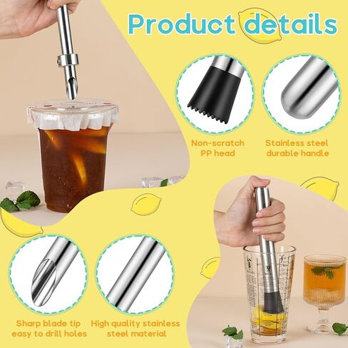 ZPUFAW 5Pcs Set Straw Puncher for Lemonade Plastic Lids Cups with Muddler, Bar Spoon, Jigger, 304 Stainless Steel Straw Hole Puncher in Kuwait