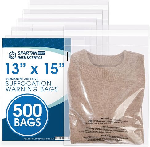 Spartan Industrial - 14" X 20" (500 Count) Self Seal Clear Poly Bags with Suffocation Warning for Packaging, Clothes - Permanent Adhesive in Saudi Arabia