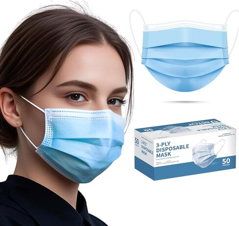 50pcs Blue Disposable Face Mask for Adults Women Men, 3-Ply Solid Blue Breathable Earloop Full Face Protection in Saudi Arabia