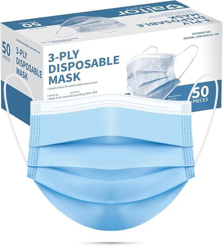 50pcs Blue Disposable Face Mask for Adults Women Men, 3-Ply Solid Blue Breathable Earloop Full Face Protection in Saudi Arabia