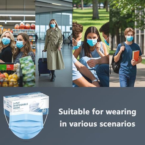 50pcs Blue Disposable Face Mask for Adults Women Men, 3-Ply Solid Blue Breathable Earloop Full Face Protection in Saudi Arabia