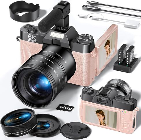 الكاميرا الرقمية 4K Flatic 4K للتصوير الفوتوغرافي ، والكاميرا الرقمية مع شاشة Flip ، وكاميرات AutoFoucs للتصوير الفوتوغرافي مع بطاقة SD 64 جيجابايت ، ومجموعة كاميرا سفر مدونة مدونة للمبتدئين ، والمراهقين ، (CD2L-1) in Kuwait