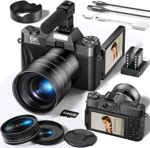 FLATIC 4K Digital Camera for Photography, Digital Camera with Flip Screen, Autofoucs Cameras for Photography with 64GB SD Card, Compact Vlog Travel Camera Kit for Beginner, Teens, (CD2L-1) in Kuwait