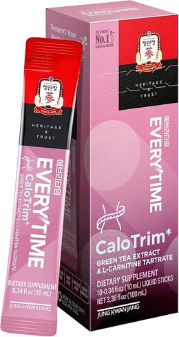 JUNG KWAN JANG Everytime CaloTrim - Intra Workout Herbal Energy Drink Packets with Korean Red Ginseng, L-Carnitine Tartrate & Green Tea - Non-GMO (10 Sticks, 0.34 fl oz) in Kuwait