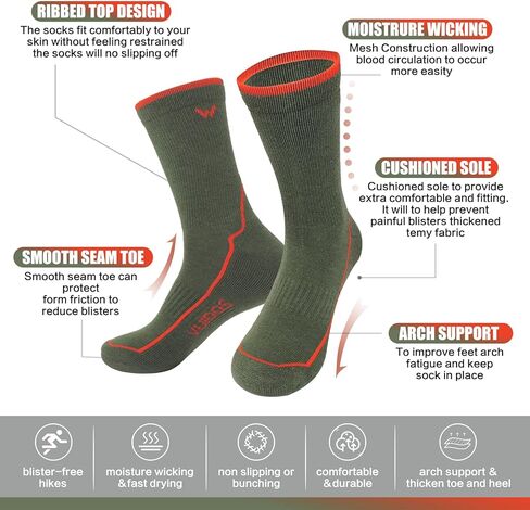 Men's Hiking Socks with Merino Wool, 3-Pair Cushioned & Arch Support Crew Socks for Outdoor, Size 7.5-10 & 10.5-13 in Saudi Arabia