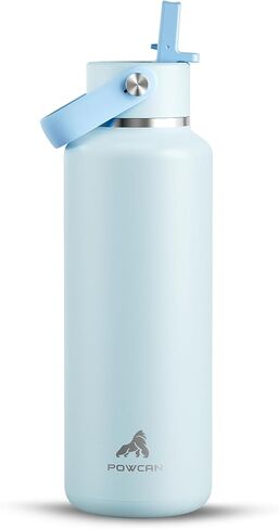 زجاجة مياه نحيفة من الفولاذ المقاوم للصدأ سعة 18 أونصة من POWCAN: مقاومة للتعرق، غطاء مرن، خفيف الوزن، فم قياسي، مقبض علوي، قارورة معزولة بالفراغ مع قش للمكتب، البالغين، التنقل، التدريبات (أسود منتصف الليل) in Kuwait