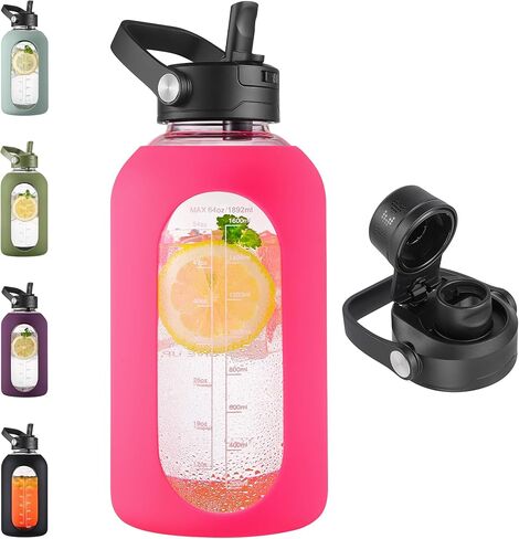 زجاجة مياه زجاجية سعة 64 أونصة من سيفاجو مع قش قابل للفصل، إبريق ماء نصف جالون مع مقبض دلو، زجاجة مياه تحفيزية رياضية مع علامة زمنية وأكمام من السيليكون، كوب قارورة كبير لصالة الألعاب الرياضية، أسود in Kuwait