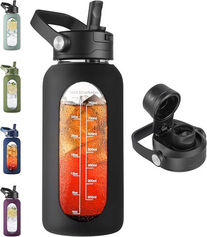 CIVAGO 64 oz Glass Water Bottle with Detachable Straw, Half Gallon Water Jug with Bucket Handle, Sports Motivational Water Bottle with Time Marker and Silicone Sleeve, Large Flask Cup for Gym, Black in Saudi Arabia