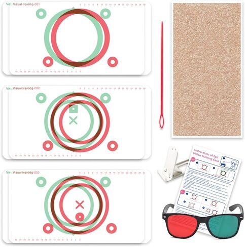 مجموعة التقارب والتباعد للتدريب على الرؤية - 6 بطاقات اندماج متغيرة باللون الأحمر والأخضر مع نظارات حمراء خضراء ومؤشر وحامل - تمرين مجهر وممارسة التجسيم للاستخدام المنزلي in Kuwait