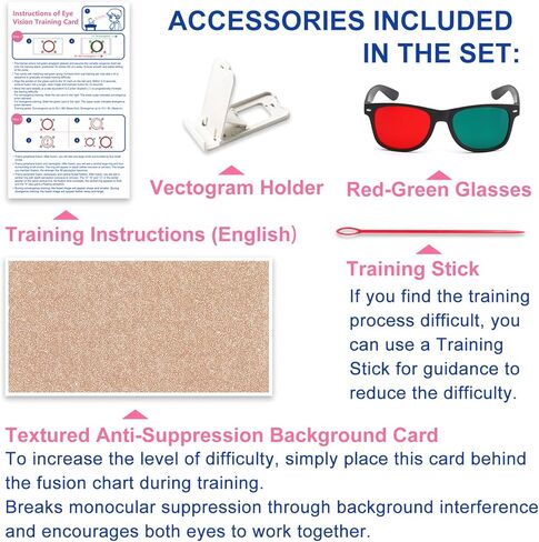 مجموعة التقارب والتباعد للتدريب على الرؤية - 6 بطاقات اندماج متغيرة باللون الأحمر والأخضر مع نظارات حمراء خضراء ومؤشر وحامل - تمرين مجهر وممارسة التجسيم للاستخدام المنزلي in Kuwait