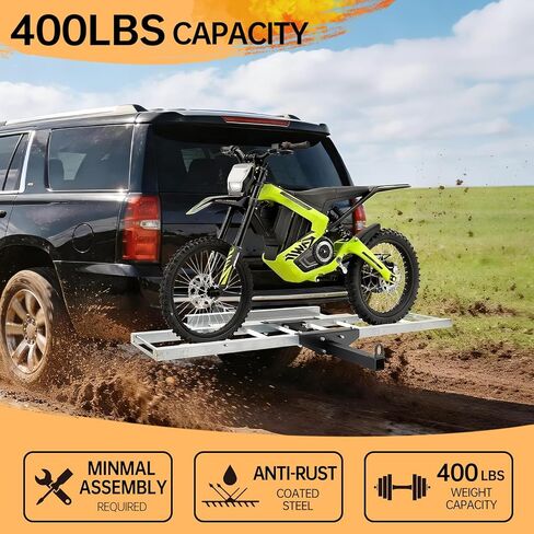 Rextact 400LBS Motorcycle Hitch Carrier Rack with 47" Loading Ramp, Anti-Tilt Design, Shock Absorption, Heavy-Duty Steel Frame, Fits 2" Receiver and 5.5" Wide Tires, Easy Load & Transport in Saudi Arabia