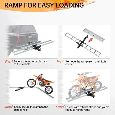 Rextact 400LBS Motorcycle Hitch Carrier Rack with 47" Loading Ramp, Anti-Tilt Design, Shock Absorption, Heavy-Duty Steel Frame, Fits 2" Receiver and 5.5" Wide Tires, Easy Load & Transport in Saudi Arabia