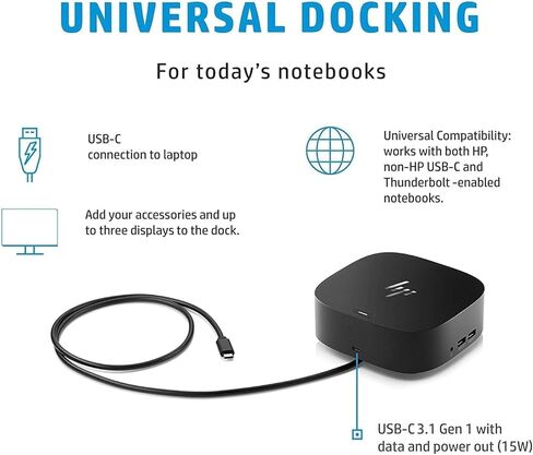 HP USB-C Essential Dock G5 (8 in 1 Adapter for USB-C and Thunderbolt-Enabled Laptops, Notebooks and PCs - Single Cable for Charging, Networking, or Data Transfers), Black in Kuwait