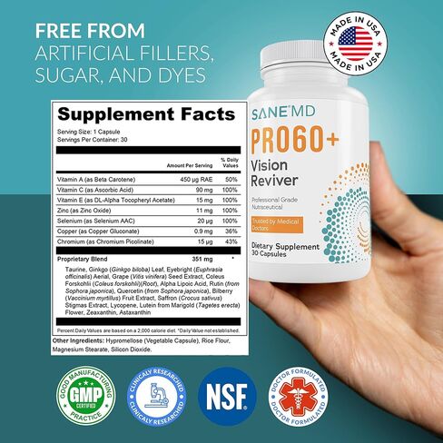 SANE MD PRO60+ Vision Reviver™ – Eye Supplement for Adults 60+ with Lutein, Zeaxanthin & Astaxanthin – 30 Capsules in Saudi Arabia