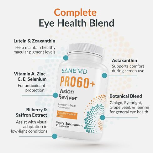 SANE MD PRO60+ Vision Reviver™ – Eye Supplement for Adults 60+ with Lutein, Zeaxanthin & Astaxanthin – 30 Capsules in Saudi Arabia