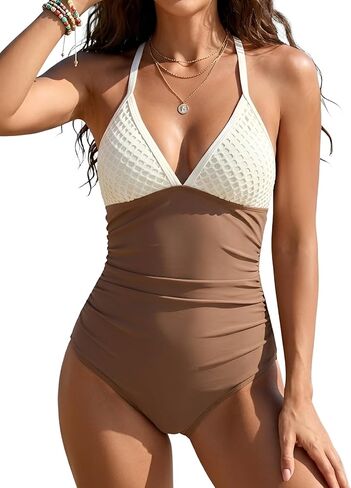 B2prity قطعة واحدة ملابس السباحة للنساء البطن التحكم Ruched ثوب السباحة الخامس الرقبة التخسيس لباس سباحة عبر التعادل الخلفي ملابس السباحة in Kuwait