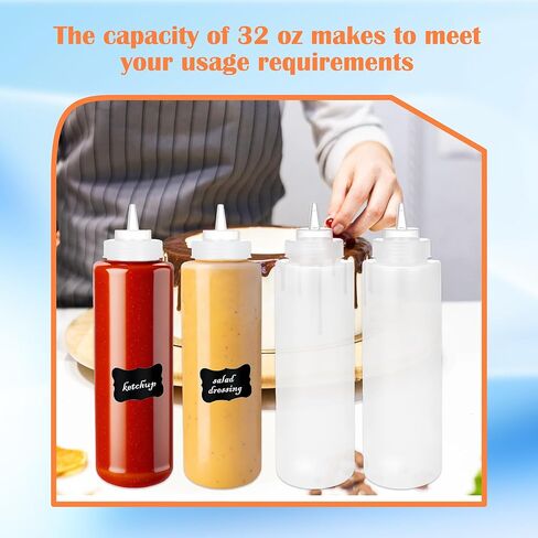 10 عبوات من زجاجات الضغط الكبيرة سعة 32 أونصة، زجاجات بهار واسعة الفم، موزعات الصلصات لمطعم شواء الشوكولاتة والكاتشب والخردل مع 16 ملصقًا وقلمين in Kuwait