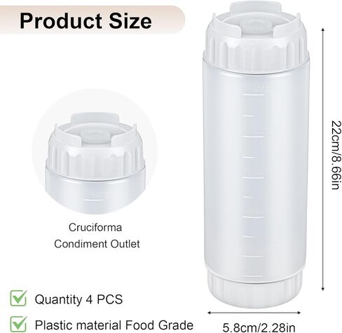 4 Pcs Refillable Squeeze Bottles 20 oz Large Condiment Squeeze Bottle Inverted Plastic Tip Sauce Dispenser Bottle for Sauces Ketchup Sour Cream Self Sealing Syrup Dispenser for Restaurants(White) in Saudi Arabia